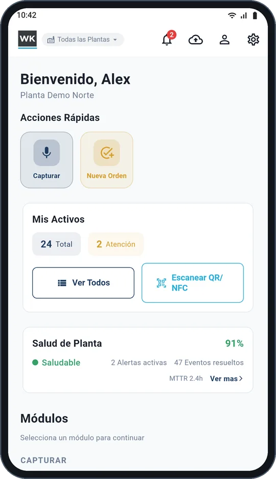Activos, observaciones y órdenes de trabajo en un solo lugar.